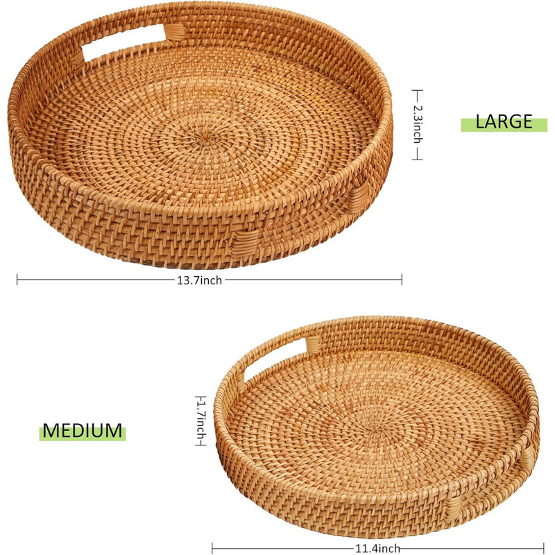 2 Pcs Round Rattan Woven Serving Trays with Handles Large Medium for Breakfast Tea Fruit Storage