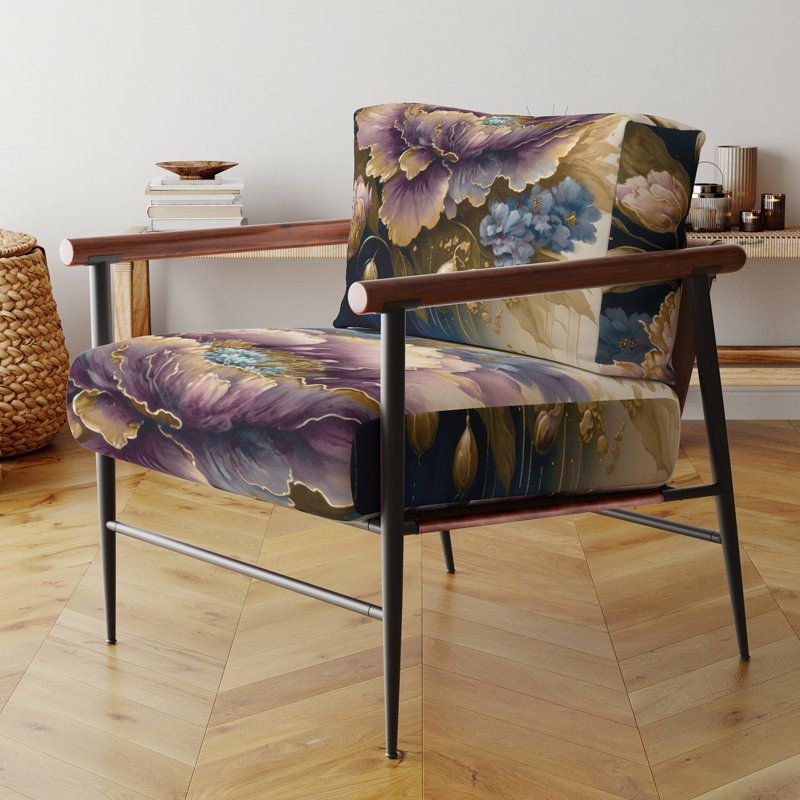 Chaise avec accoudoirs rembourrée à motif floral Datura, Noir, noir, noir, noir