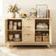 Buffet cannelé en bois naturel avec portes en verre et 3 tiroirs