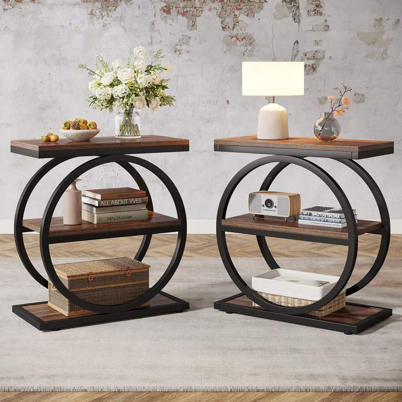 3-Tier End Table Set of 2, Industrial Sofa Couch Side Table with Storage Shelves, Small Bedside Table for Bedroom, Brown