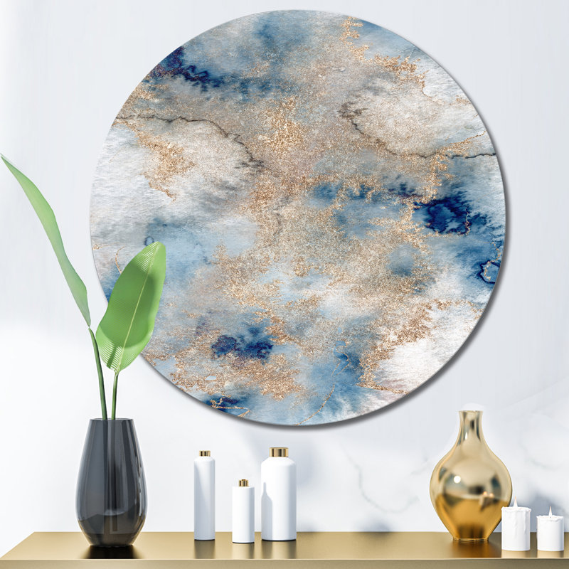 «Blue and Gold Marble Clouds I», art mural moderne en métal, H 36 po x l 36 po