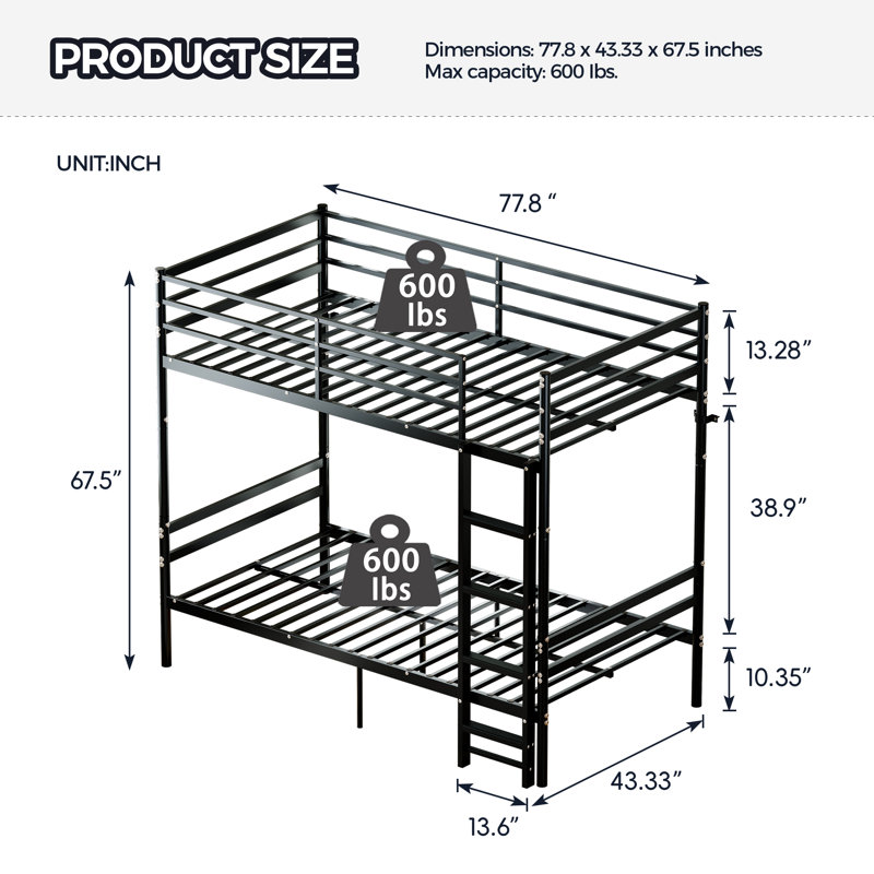Lit superposé convertible avec espace de rangement sous le lit et garde-corps de sécurité, lit superposé en métal robuste pour enfants adolescents, aucun sommier nécessaire, taille simple sur simple, noir