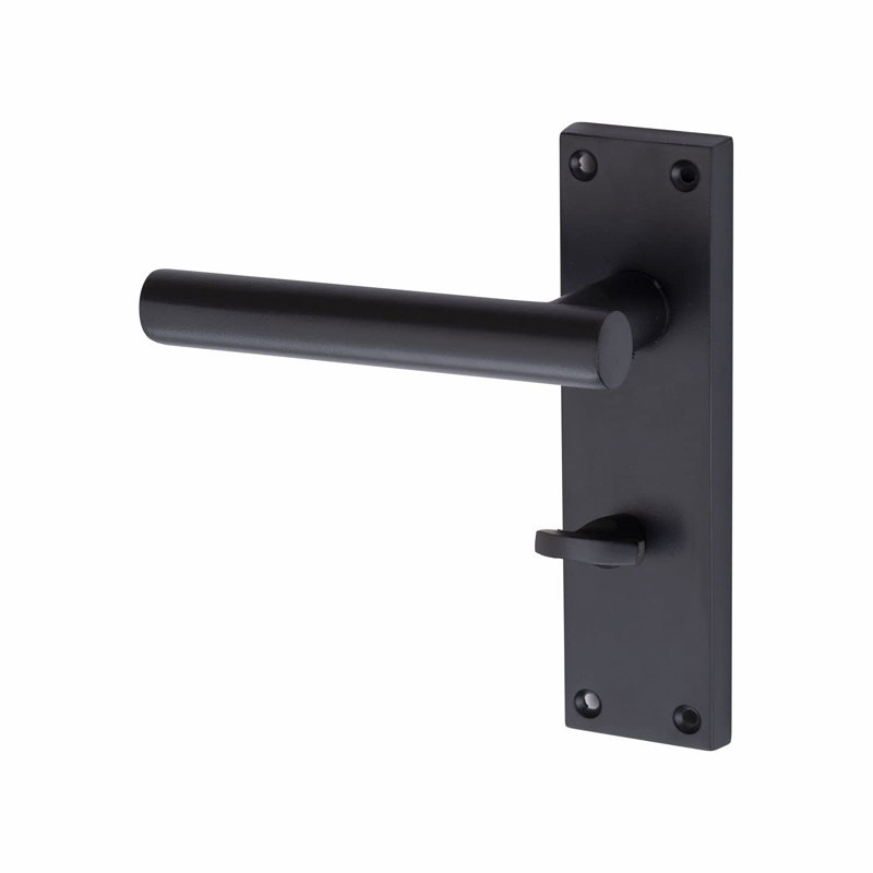  T-Bar Bathroom Door Handles Set on Lever Backplate in Matt Black Finish Complete with Latch, Lock and 1 Pair of 3" Ball Bearing Hinges