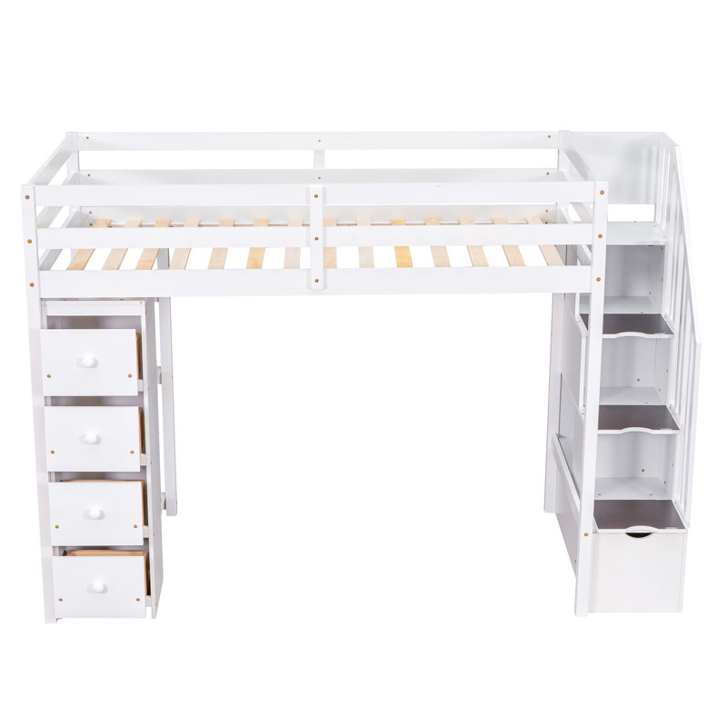 Lit mezzanine simple avec tiroirs et tiroirs de rangement, lit mezzanine en bois avec tablettes - blanc