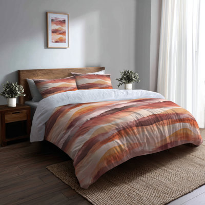 Boho Bedding Set Of 3 Pcs - Abstract Warm Horizon Duvet Cover And Throw Cushion Set