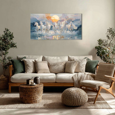 TIMUBA 7 Running Horses Canvas Wall Art, Vibrant Horse Painting Print for Living Room, Sunrise Picture Wall Decor, Panoramic Gallery Wrapped Artwork, Ready to Hang, 20×40 inches