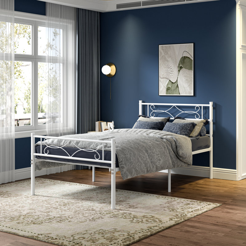 Abere Twin Size Set 2 Pack Metal Bed with Patterned Headboard and Legboard, White