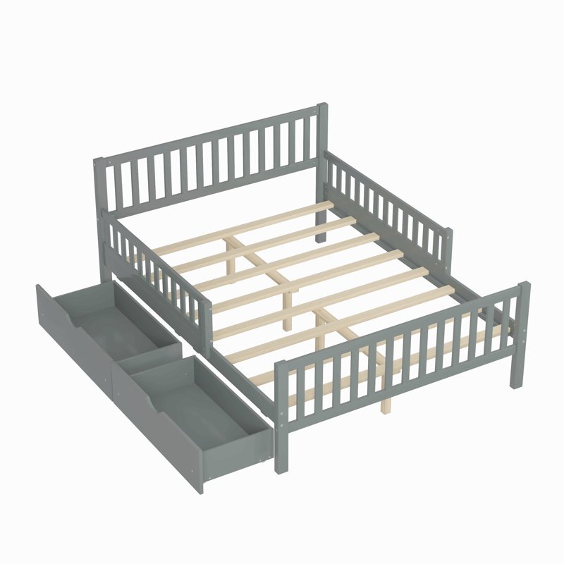 Lit plateforme en bois avec garde-corps des deux côtés et deux tiroirs de rangement, Lit double, Gris