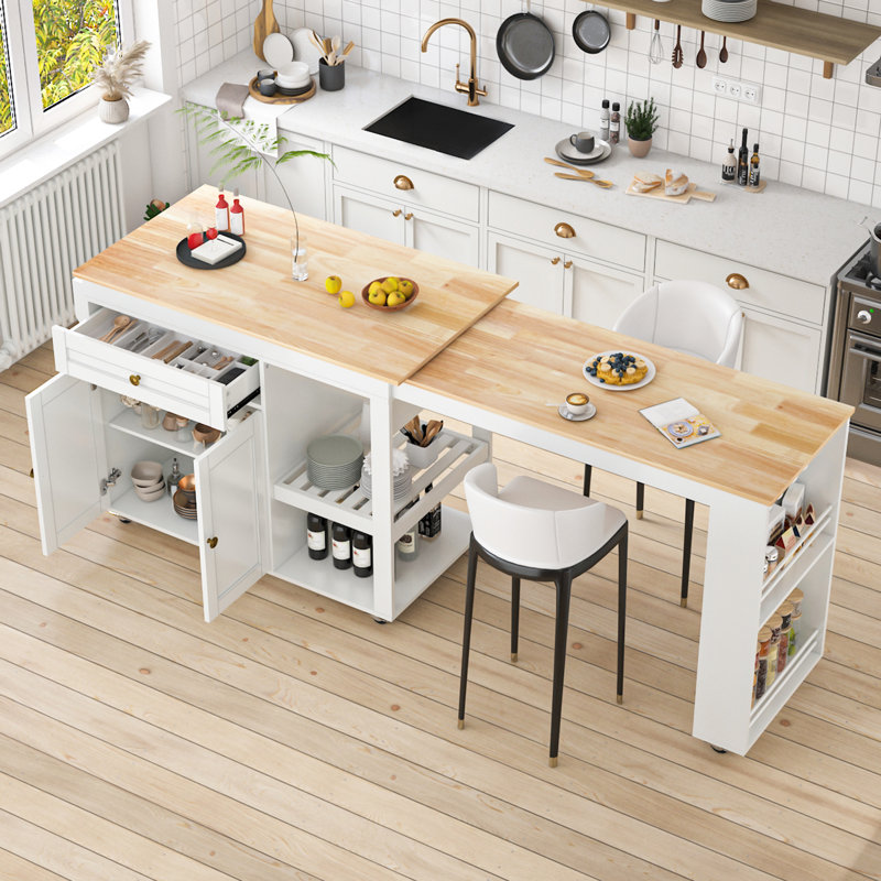 81.5'' Kitchen Island With Extendable Dining Table For 4-6 Person,kitchen Island With Storage 2 Drawers 2 Side Open Shelves,two-tone Table With Double-sized Storage