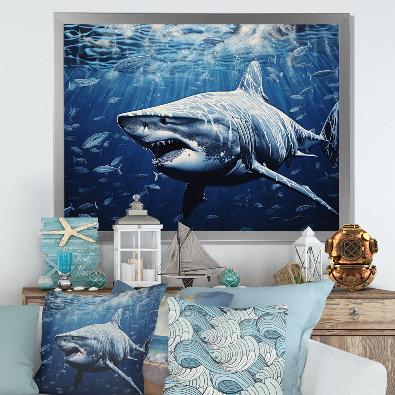 " Bull Shark Depths Photography ", 16" H x 32" W x 1" D, Silver Single Picture Framed