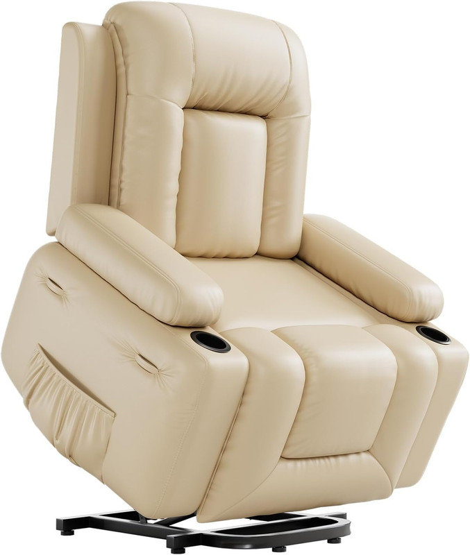 Fauteuil inclinable en cuir de polyuréthane avec massage et chaleur, 3 positions, porte-gobelets, Beige