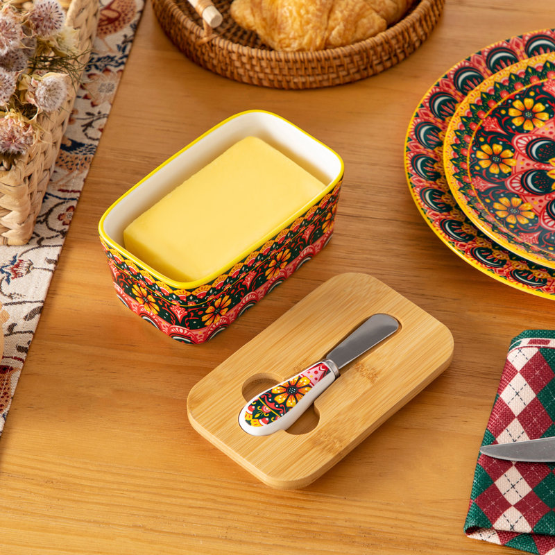 Beurrier bohémien en céramique avec couvercle en bois et couteau à beurre, garde-beurre décoratif en céramique avec 4 options de motif, contenant à beurre pour comptoir de cuisine