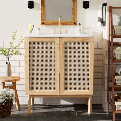 30-Inch Bathroom Vanity Crafted From Natural Materials, Featuring Handmade Rattan Doors And Soft-Closing Mechanisms