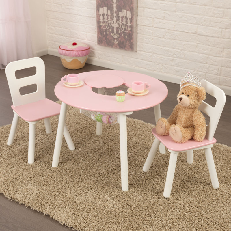 Kids' Wooden Round Storage Table & 2 Chair Set - Natural & White, White/Pink