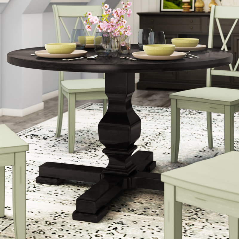 Table de salle à manger élégante noire à piédestal rond 47 po avec base en bois d'hévéa durable, Noir