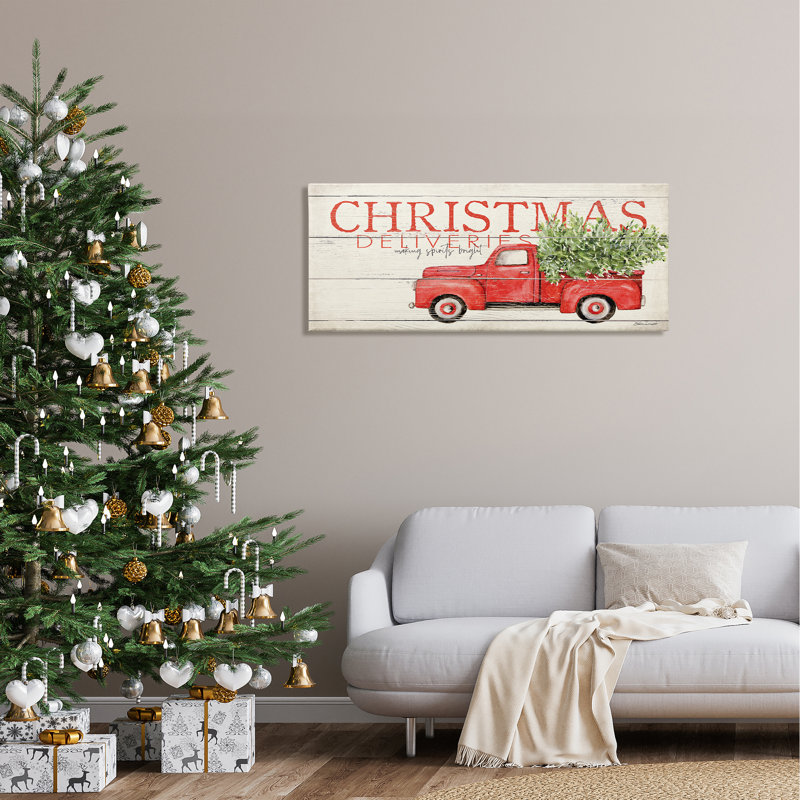 «Christmas Deliveries», camion rouge sur toile, H 20 po x l 48 po x P 1,5 po
