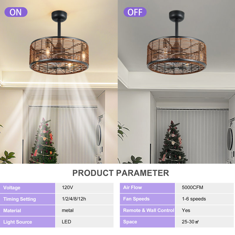 18" industrial rattan cage ceiling fan with light & remote - farmhouse style, brown finish