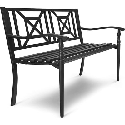 Outdoor Garden Bench, Metal Porch Bench Seat With Slated Seat & Decorative Backrest, 2-Person Loveseat For Patio Garden, Powder Coated Iron Frame, Pat