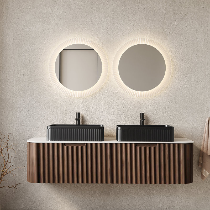 Meuble-lavabo mural flottant avec éviers et rangement, avec tiroirs, lavabos en céramique et installation facile pour les salles de bain modernes
