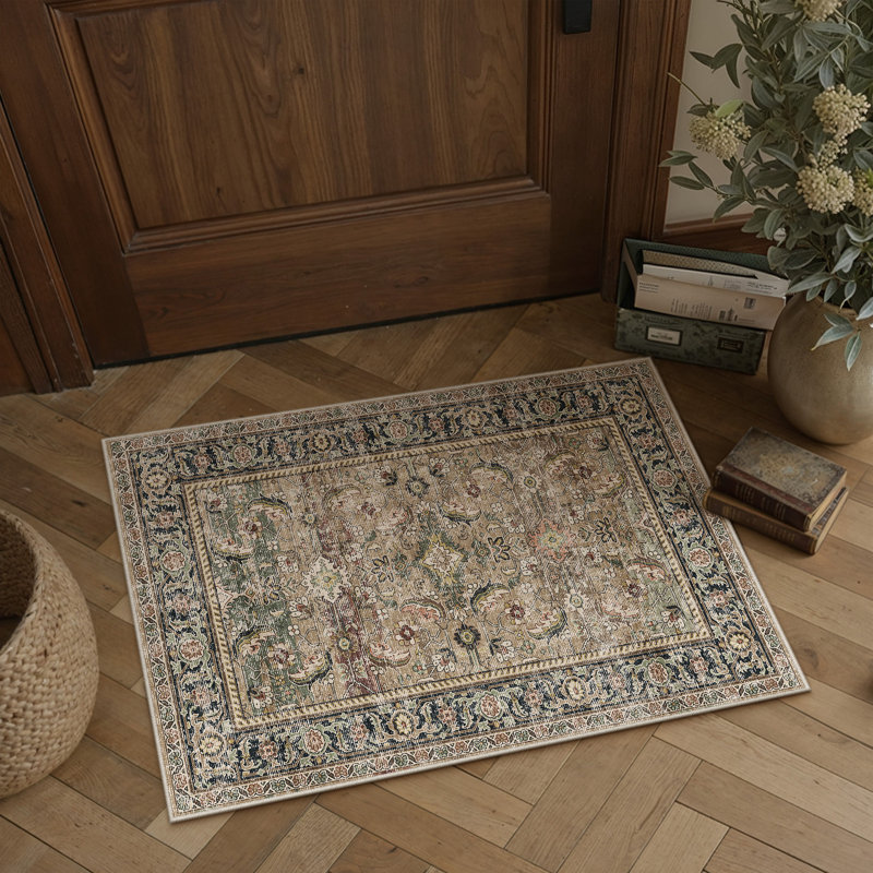 Kitty Machine Washable Taupe/Black Area Rug with Non-Slip Backing, Rectangle 2' x 3'
