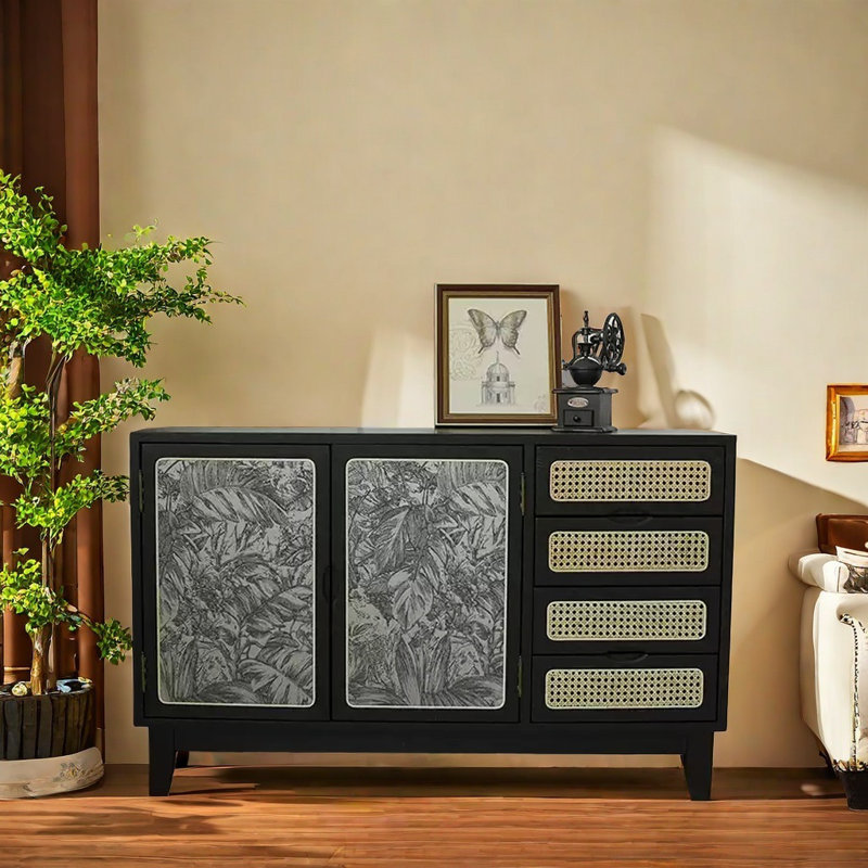 Armoire d'appoint en rotin de style rétro, Noir, noir, noir, noir