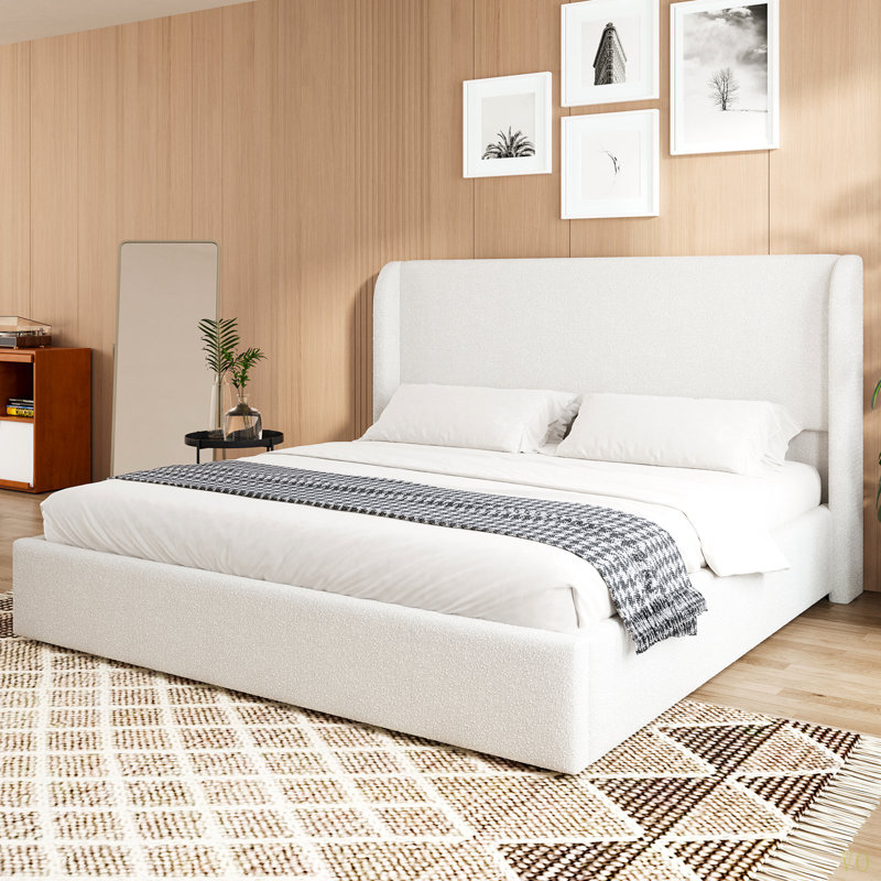 Queen Size Boucle Bed Frame, Upholstered Cloud Bed Frame With Headboard, Solid Wood Legs And Slats, No Box Spring Needed