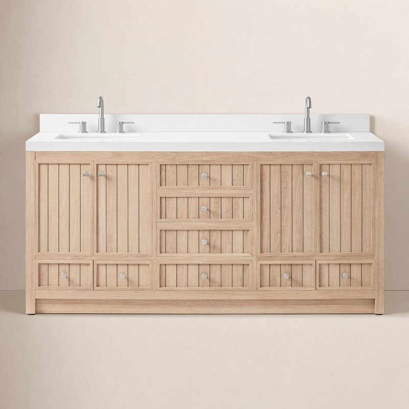Aula 72" Double Bathroom Vanity with 2" Thassos White Quartz Countertop, Nordic Natural Oak