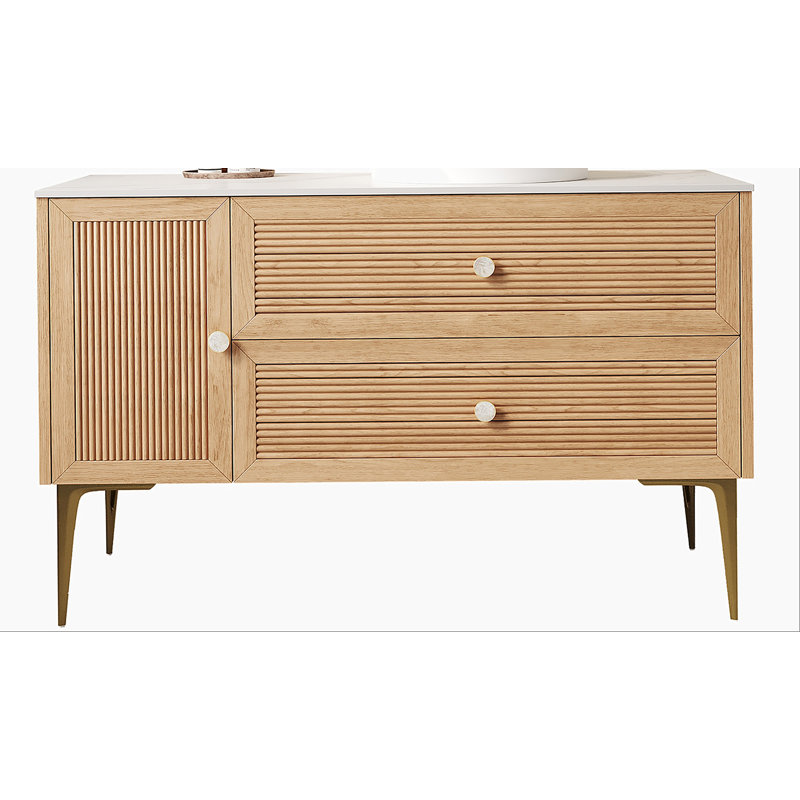 Armoire de salle de bain autoportante 48 po MUNIN avec comptoir en pierre frittée blanc de Carrare, deux tiroirs et une porte, sans lavabo