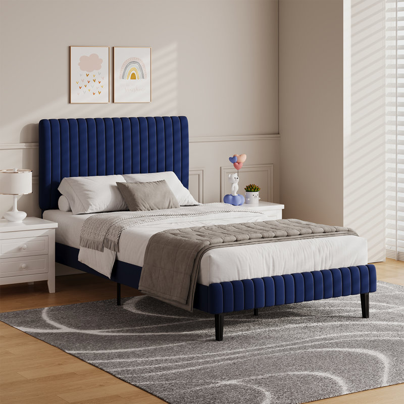 Tête de lit et pied de lit en velours avec revêtement matelassé, Simple, Bleu
