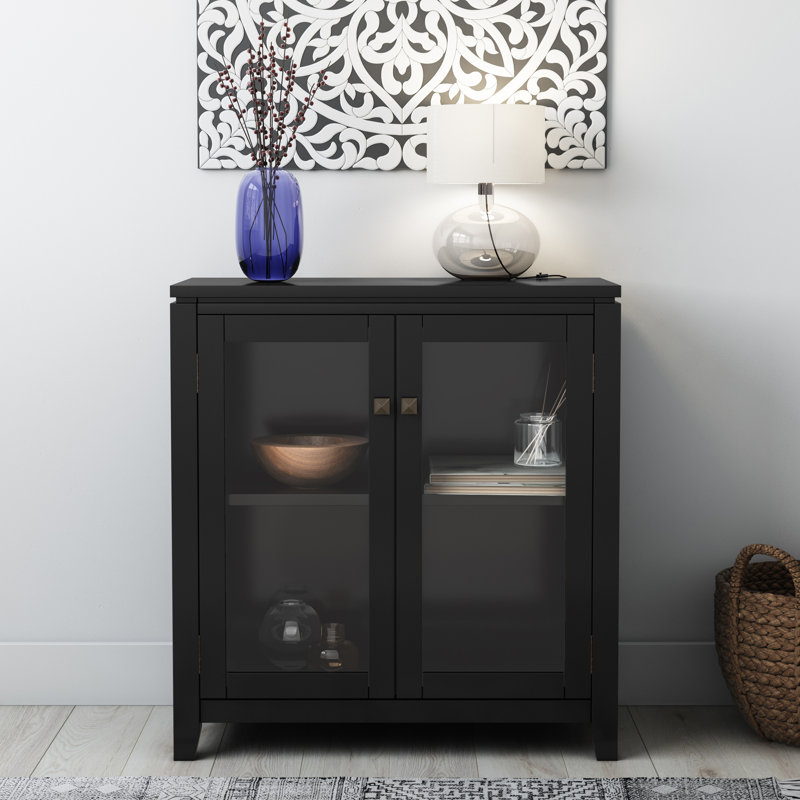 Cosmopolitan 30"W Solid Wood Modern Low Storage Cabinet with Glass Doors and Adjustable Shelves, Black