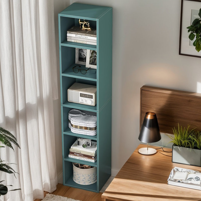 70.9" Narrow Corner Bookcase, Modern 6-Tier Cube Freestanding Display Shelf, Blue