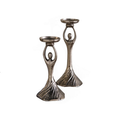 Set Of 2 Gold Aluminum Pillar Holder With Abstract Lady Design, S: 4.5X9.5", L: 4.5X11.5"