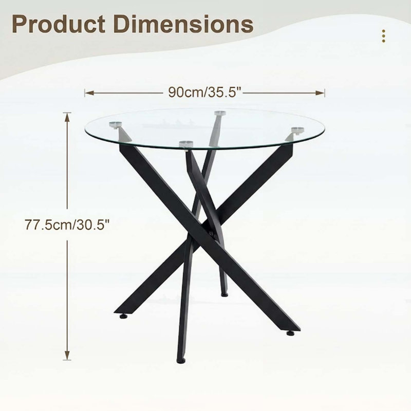 Table de salle à manger ronde en verre avec pieds noirs, design minimaliste moderne pour des espaces compacts et une salle à manger élégante