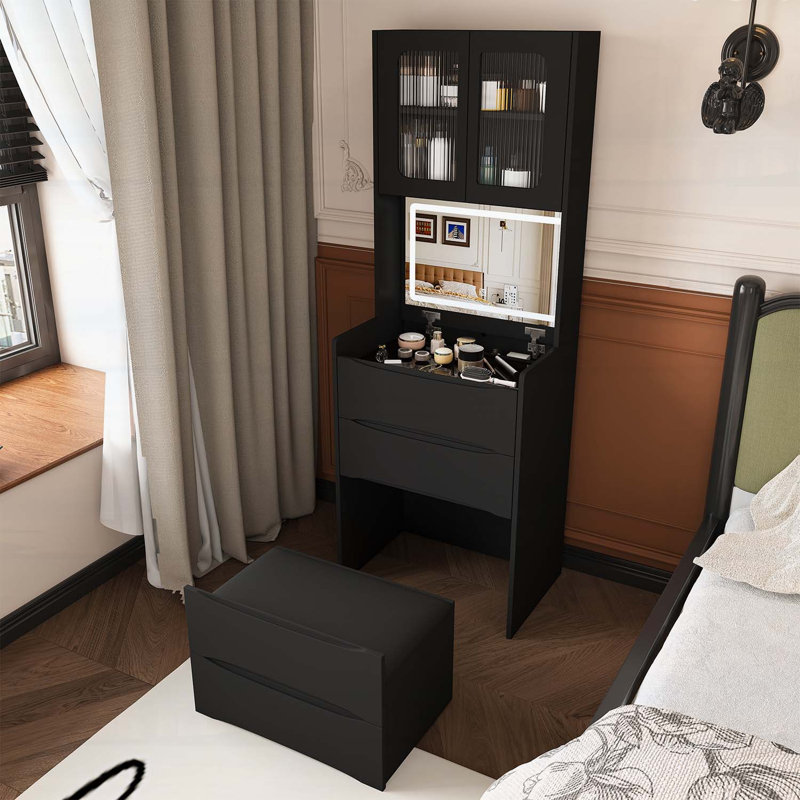 Table de coiffeuse 3 en 1 avec miroir à DEL, tabouret de rangement et lumières réglables, parfaite pour le maquillage et l'organisation dans les petits espaces