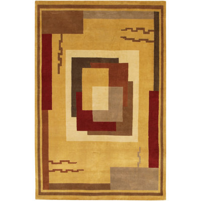 Caines Authentic Hand-Knotted Handmade Beige, Brown & Red Geometric Abstract Wool Area Rug