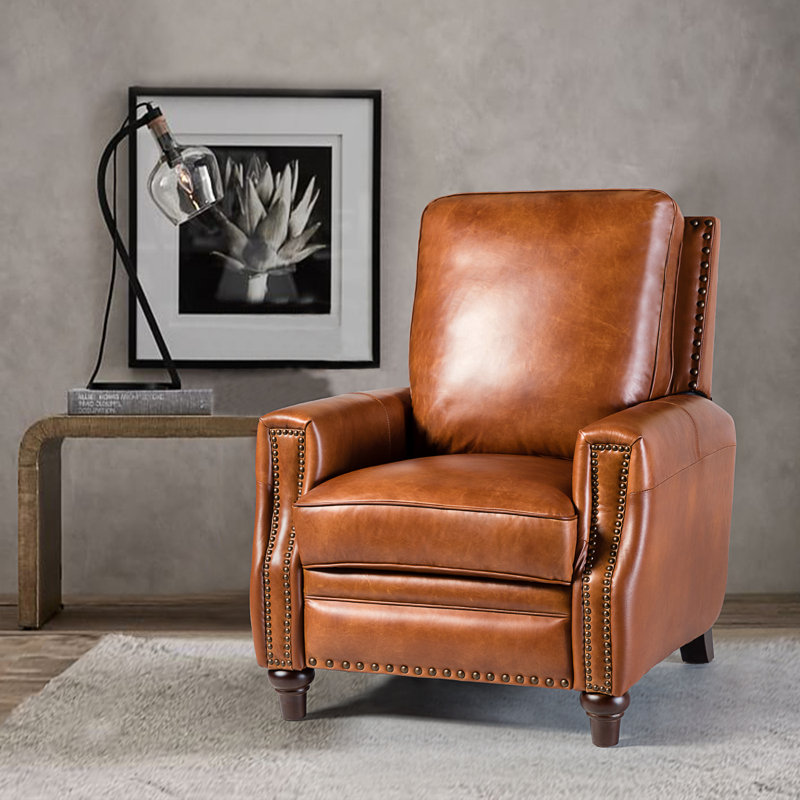Andrena Genuine Leather Recliner with Nailhead Trim, Saddle Genuine Leather