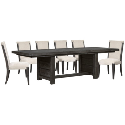 Extendable Trestle Dining Table With 6 Upholstered Side Chairs