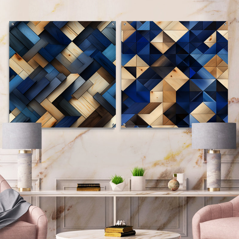 Beige et bleu rayures symétriques - ensemble abstrait géométrique en verre acrylique, H 36 po x l 73 po