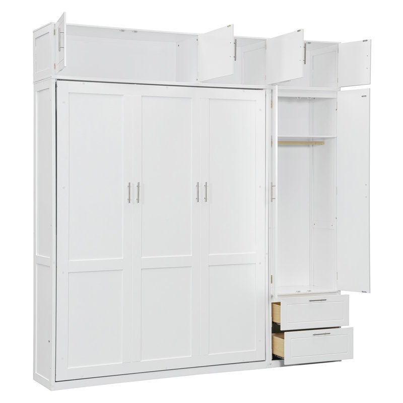 Grand lit escamotable mural avec armoires, tablettes et garde-robe, lit pliant peu encombrant avec tiroirs de rangement, blanc