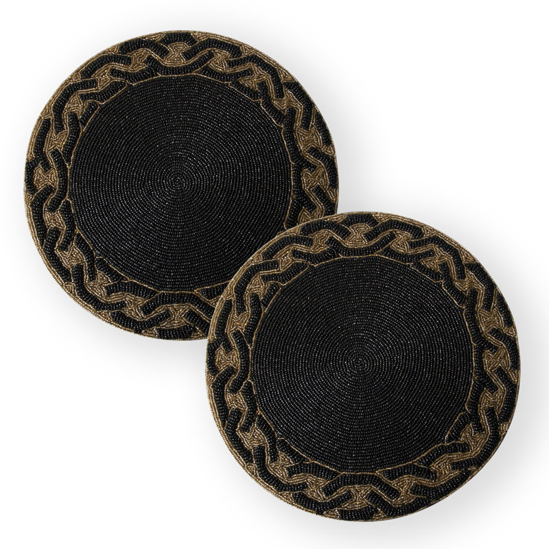 Black Round Beaded Placemat Set with Elegant Gold-Toned Intertwined Border for Dining Table & Christmas Decor
