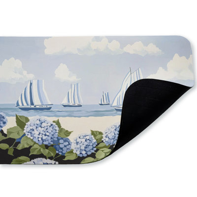 Striped Sailboats & Hydrangeas Ergonomic Non Slip Kitchen Mat Recycled Cushioned, 18"x30"