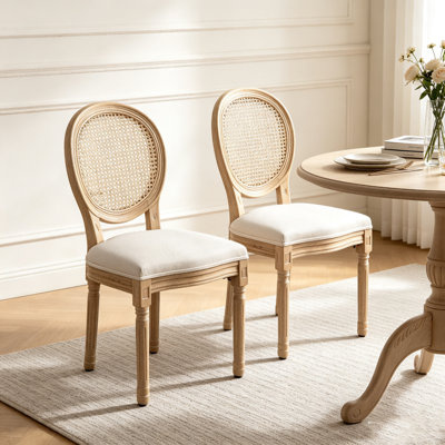 French Country Rattan Dining Chairs Set of 2, Upholstered Linen Fabric Farmhouse Side Chairs, Antique Washed Solid Wood Round Rattan Back Kitchen Dining Chairs for Dining Room Cafe Restaurant