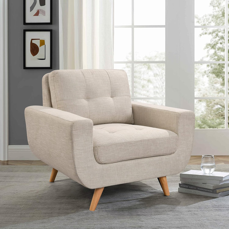 Accent Chair, Comfy Upholstered Armchair with Solid Wood Legs, Linen Fabric Modern High Back Chair for Living Room Chairs, Accent Reading Chairs Single Sofa Chairs