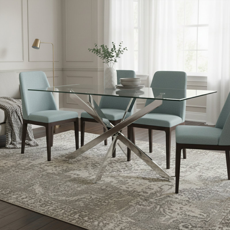 160cm Chrome Dining Room Dinner Table, Breakfast Kitchen Table With Metal Frame & Tempered Glass Tabletop