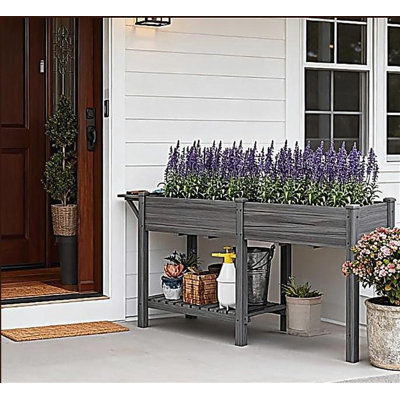 Lit de jardin surélevé spacieux, boîte de jardin surélevée en bois, avec table d'appoint, tablette inférieure, doublures de lit et trous de drainage