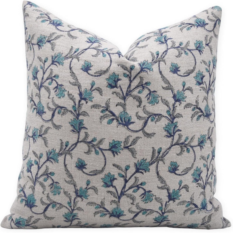 Linen Lumbar Indoor/Outdoor Pillow Cover, 14" x 20", Blue Floral 1