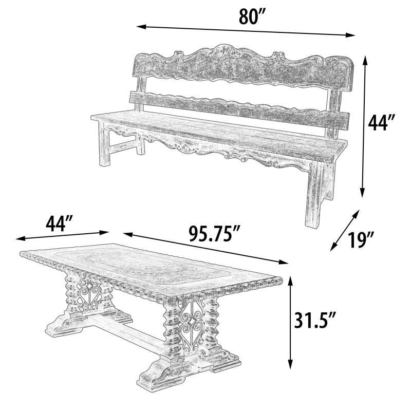 Belruse Spanish-Influenced Mahogany Dining Table Set with Benches
