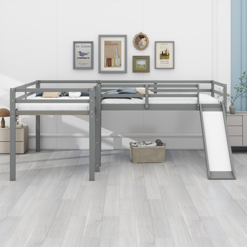 L-Shaped Loft Bed With Ladder And Slide, Gray