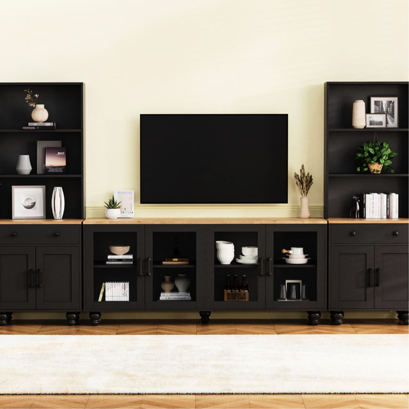 Black Entertainment Unit With Solid Wood Legs, Tv Stand For 70" Tvs, Tempered Glass Doors, Adjustable Shelves & Integrated Feature Style Console Stand, Stress-