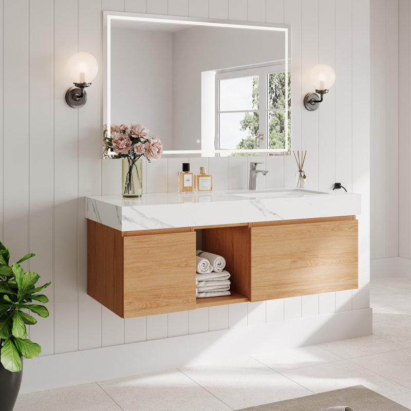 Loubertha 48" Single Bathroom Vanity, Glossy Faux Marble Tabletop, Modern Floating Vanities, Natural Wood, White